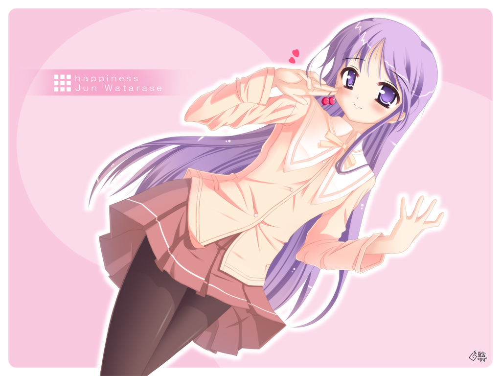 natsumiya yuzu, watarase jun, happiness!, 00s, 1boy, cherry, child, crossdressing, crossdressing (mtf), food, fruit, male focus, pantyhose, purple eyes, purple hair, school uniform, serafuku, solo, trap