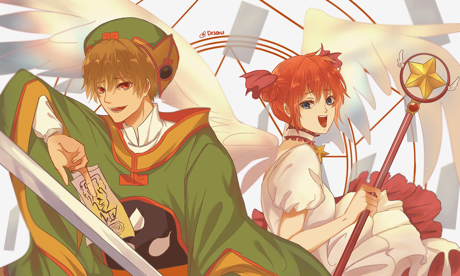 desaru, kagura (gintama), kinomoto sakura, li syaoran, okita sougo, cardcaptor sakura, gintama, commentary, 1boy, 1girl, blue eyes, brown hair, chinese clothes, choker, cosplay, double bun, dress, hair between eyes, hair bun, hat, holding, holding sword, holding wand, holding weapon, kinomoto sakura (cosplay), li syaoran (cosplay), open mouth, puffy short sleeves, puffy sleeves, red eyes, short sleeves, sidelocks, smile, star (symbol), star choker, sword, turtleneck, twitter username, wand, weapon, white wings, wings