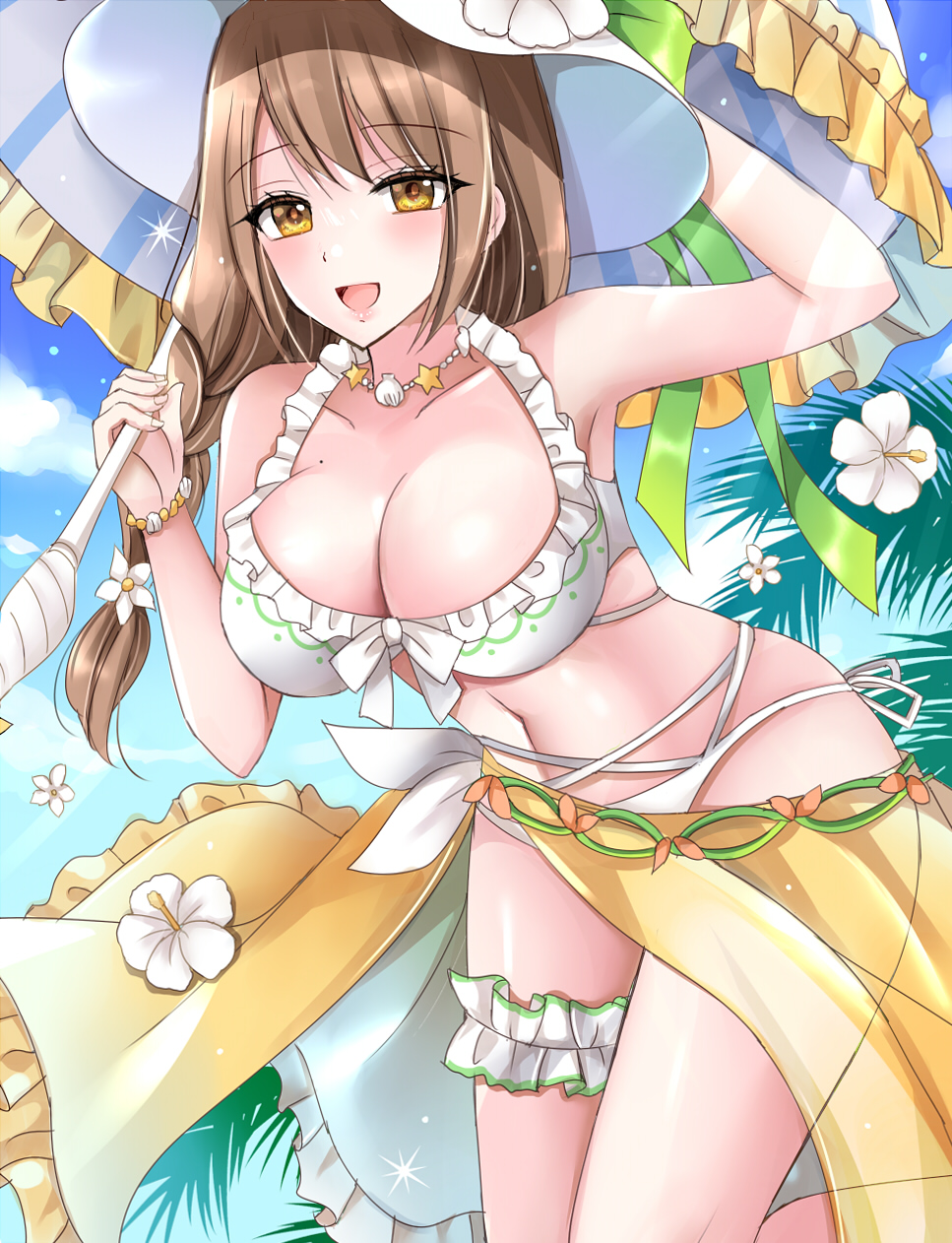 kirishima riona, goldmary (fire emblem), goldmary (summer) (fire emblem), fire emblem, fire emblem engage, fire emblem heroes, nintendo, highres, 1girl, armpits, bare shoulders, bikini, blue sky, blush, bracelet, braid, breasts, brown hair, cleavage, cloud, collarbone, flower, gold sarong, hat, hat flower, holding, holding umbrella, jewelry, large breasts, long hair, looking at viewer, mole, mole on breast, navel, necklace, official alternate costume, open mouth, outdoors, palm leaf, parasol, sarong, sky, smile, solo, stomach, sun hat, swimsuit, thigh strap, thighs, umbrella, white bikini, yellow eyes, yellow sarong