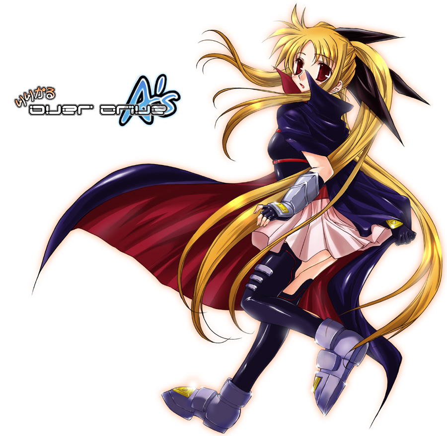 ayano naoto, fate testarossa, fate testarossa (lightning form), lyrical nanoha, mahou shoujo lyrical nanoha, mahou shoujo lyrical nanoha a's, 00s, 1girl, belt, blonde hair, cape, female focus, fingerless gloves, gloves, magical girl, red eyes, solo, thighhighs, twintails