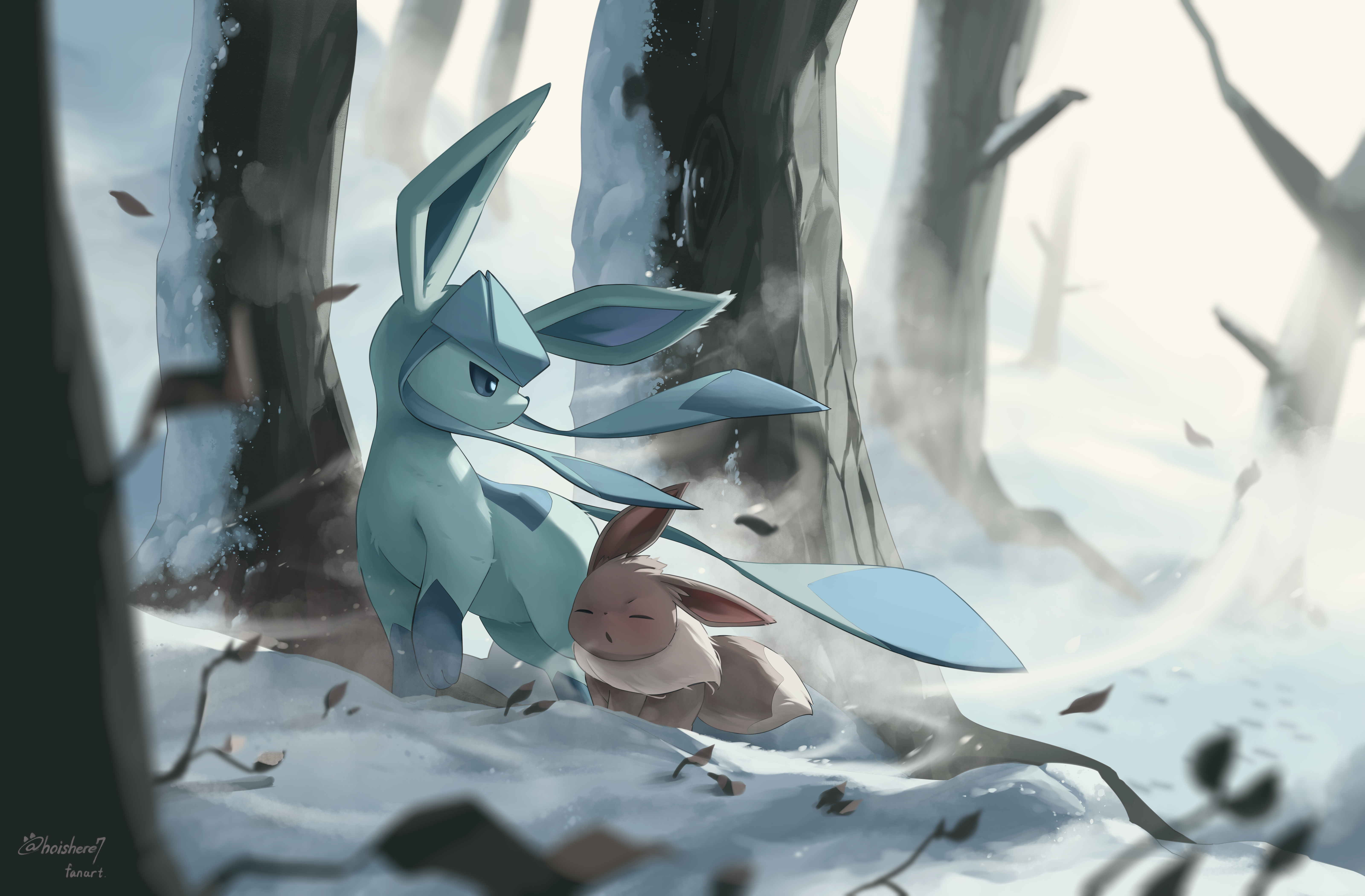 hoishere7, eevee, glaceon, nintendo, pokemon, absurdres, highres, blue fur, brown fur, creature, creature focus, gen 1 pokemon, gen 4 pokemon, nature, no humans, outdoors, pokemon (creature), snow, tree, wind, winter