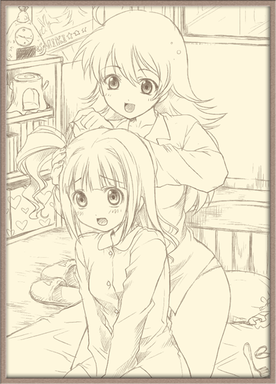 itsuki sayaka, hoshii miki, takatsuki yayoi, idolmaster, idolmaster (classic), idolmaster 1, 00s, 2girls, alternate hairstyle, border, hair down, hairdressing, monochrome, multiple girls, yellow theme