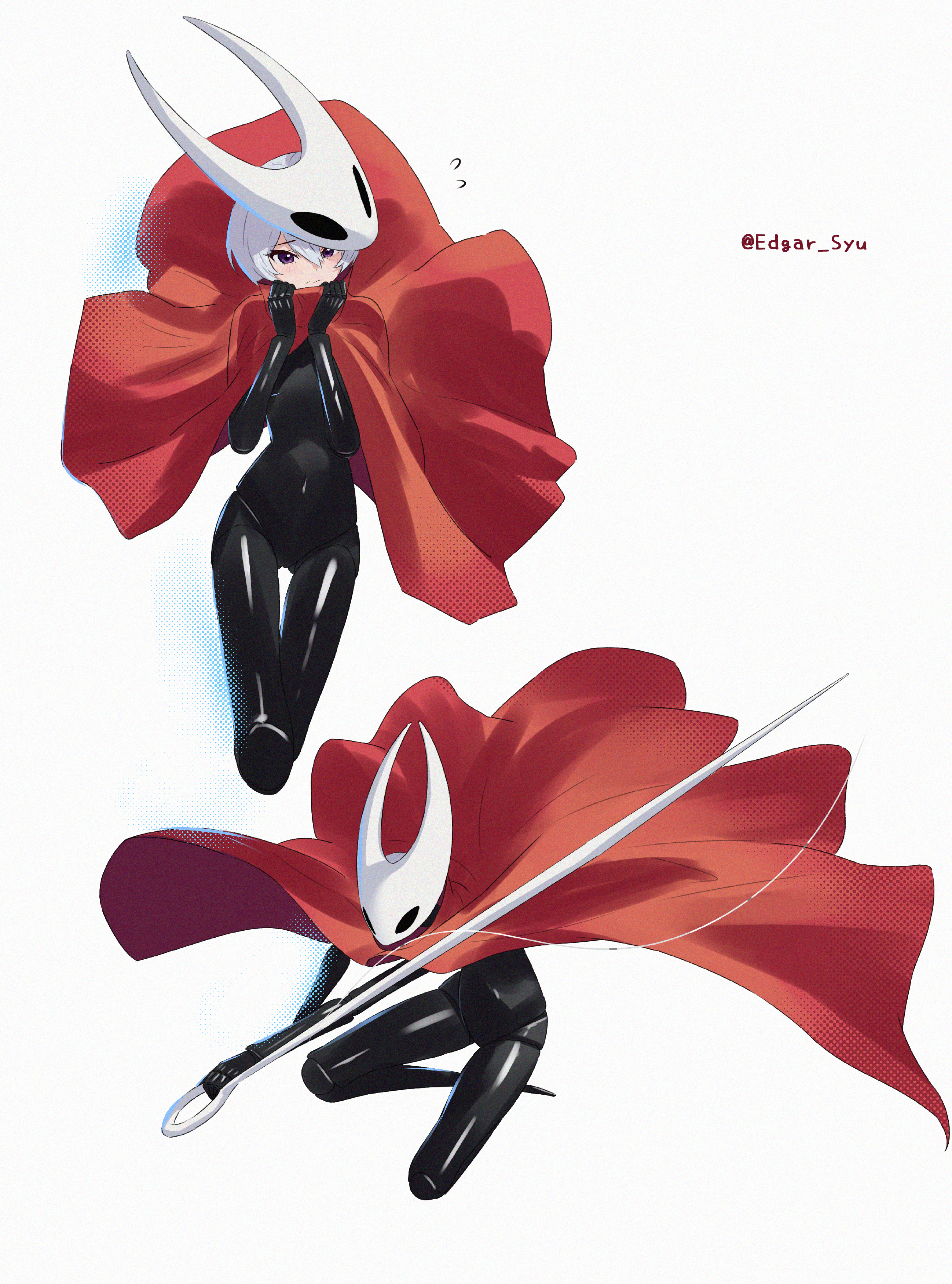 edgar syu, hornet (hollow knight), hollow knight, hollow knight: silksong, absurdres, highres, 1girl, black bodysuit, bodysuit, breasts, cloak, gluteal fold, grey hair, helmet, holding, holding weapon, looking at viewer, medium breasts, multiple views, navel, purple eyes, red cloak, small breasts, stomach, thigh gap, weapon, white background