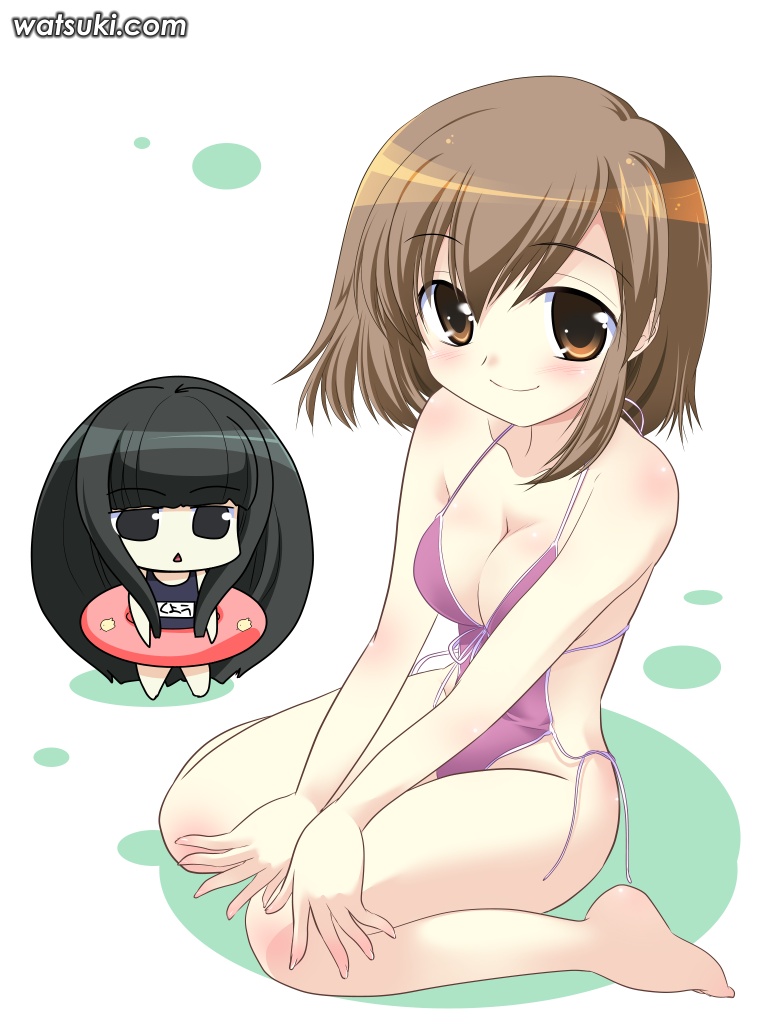 watsuki ayamo, sasaki, sasaki (suzumiya haruhi), suou kuyou, suzumiya haruhi no yuuutsu, 00s, 2girls, bad anatomy, bad feet, bad hands, blush, breasts, brown eyes, brown hair, casual one-piece swimsuit, chibi, cleavage, feet, halterneck, innertube, medium breasts, multiple girls, one-piece swimsuit, poorly drawn, school swimsuit, short hair, simple background, sitting, smile, swim ring, swimsuit, wariza