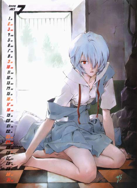 sadamoto yoshiyuki, ayanami rei, neon genesis evangelion, 00s, 2005, blue hair, calendar, july, red eyes, school uniform, serafuku