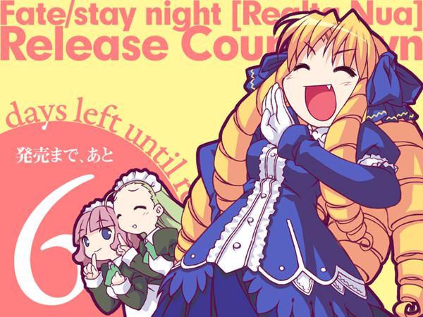 black (artist), takeuchi takashi, luviagelita edelfelt, fate/stay night, fate (series), 00s, 3girls, blonde hair, drill hair, fang, finger to mouth, green hair, laughing, maid, maid headdress, multiple girls, ojou-sama pose, pink hair, ringlets