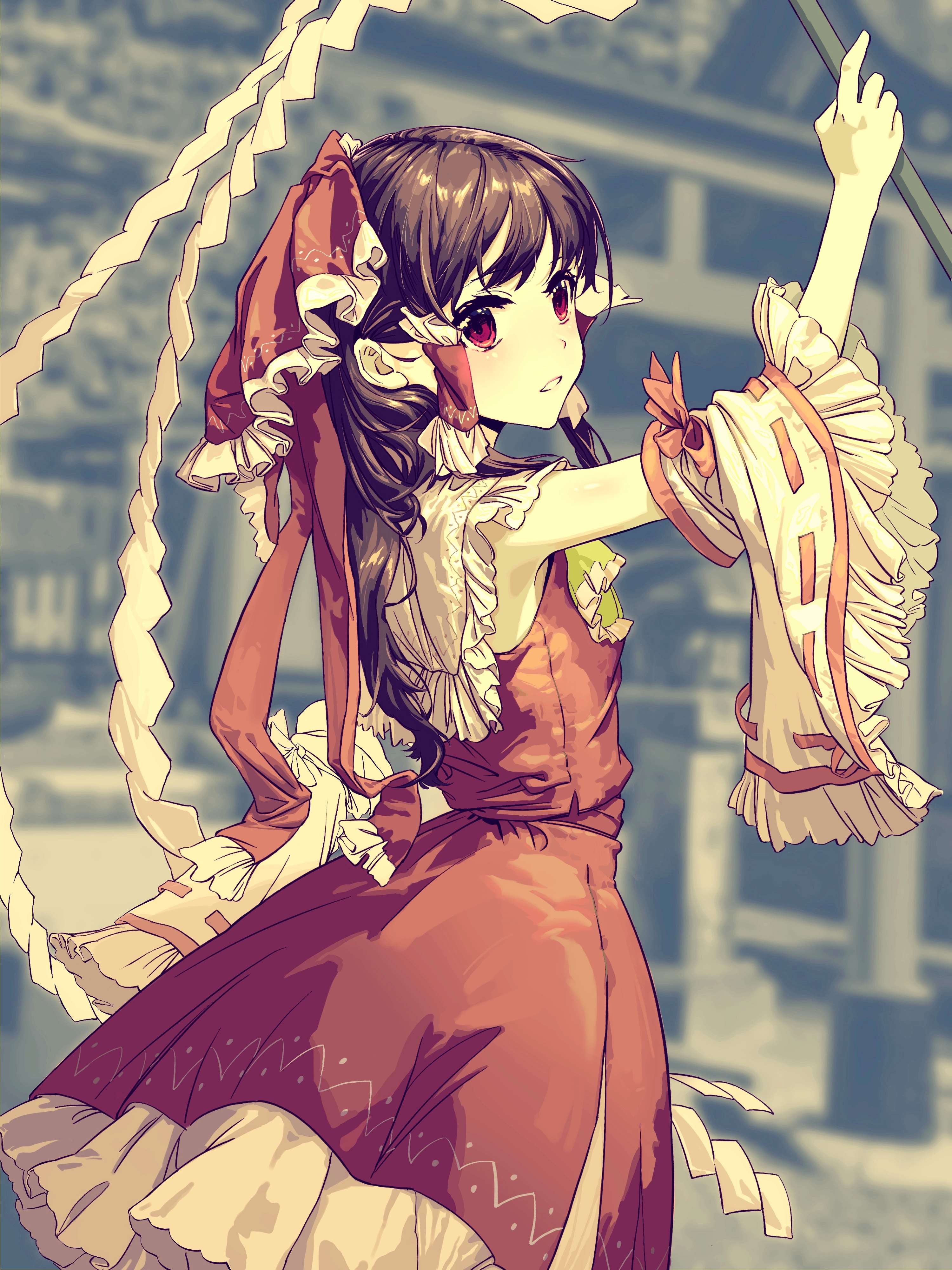ya yuan, hakurei reimu, touhou, absurdres, highres, 1girl, arm up, ascot, black hair, blurry, blurry background, bow, detached sleeves, feet out of frame, frilled ascot, frilled bow, frilled hair tubes, frills, from side, gohei, green ascot, hair bow, hair tubes, long hair, parted lips, red bow, red eyes, red skirt, red vest, shrine, skirt, solo, vest, white sleeves, wide sleeves