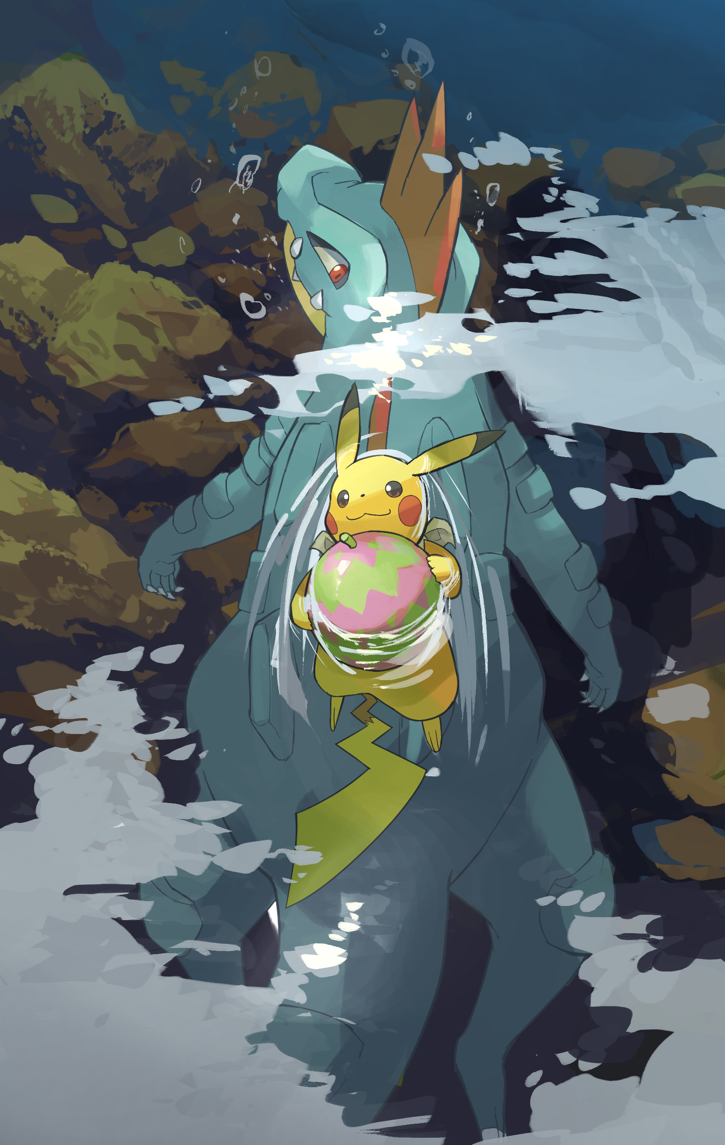 yamaori (hakkentai pokedan), feraligatr, pikachu, nintendo, pokemon, highres, :3, air bubble, animal focus, berry (pokemon), bubble, claws, closed mouth, fangs, gen 1 pokemon, gen 2 pokemon, holding, no humans, pokemon (creature), pokemon focus, red eyes, river, rock, smile, swimming, tail, teeth, water, watmel berry