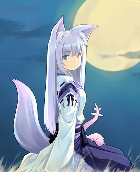 poco (asahi age), original, 1girl, animal ear fluff, animal ears, blue eyes, blue hakama, female focus, fox ears, full moon, hakama, hakama skirt, japanese clothes, moon, purple hair, skirt, solo, tail
