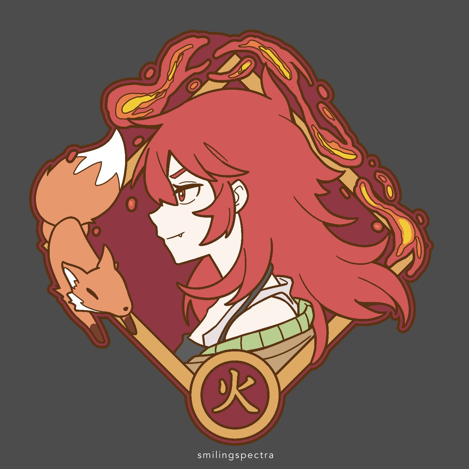 smilingspectra, hiita (yu-gi-oh!), hiita the fire charmer ablaze, yu-gi-oh!, highres, 1girl, closed mouth, duel monster, fang, fox, from side, layered clothes, long hair, portrait, red eyes, red hair, sidelocks, simple background, twitter username