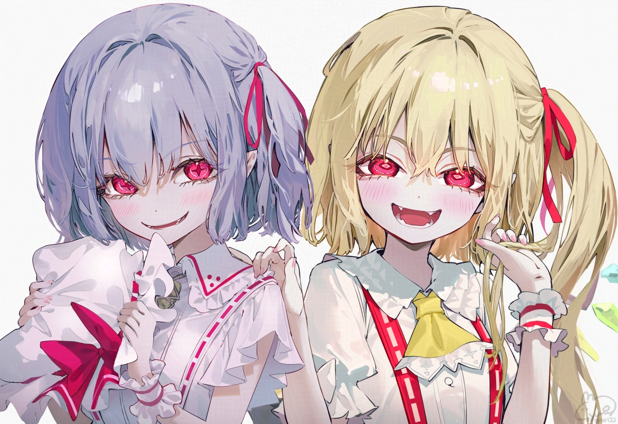 syuri22, flandre scarlet, remilia scarlet, touhou, + +, 2girls, :d, dot nose, fangs, multiple girls, one side up, open mouth, parted lips, red eyes, siblings, simple background, sisters, smile, white background