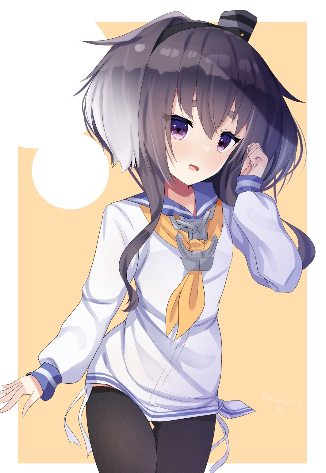 nakatsurugi (kasegawa makase), tokitsukaze (kancolle), kantai collection, highres, 1girl, anchor necklace, black hair, black pantyhose, blue sailor collar, dress, gradient hair, hat, jewelry, long shirt, mini hat, multicolored hair, neckerchief, necklace, one-hour drawing challenge, pantyhose, purple eyes, sailor collar, sailor dress, short hair, short hair with long locks, smokestack hair ornament, solo, tied dress, white dress, yellow neckerchief