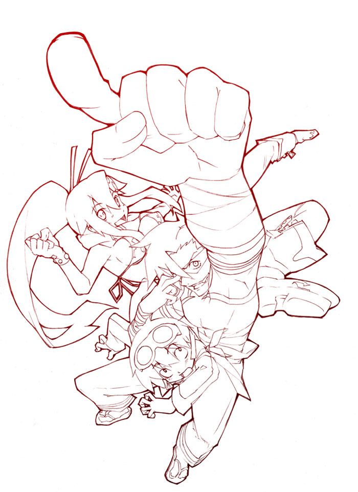 g yuusuke, kamina (ttgl), simon (ttgl), yoko littner, tengen toppa gurren lagann, 00s, 1girl, 2boys, foreshortening, lineart, monochrome, multiple boys, red theme
