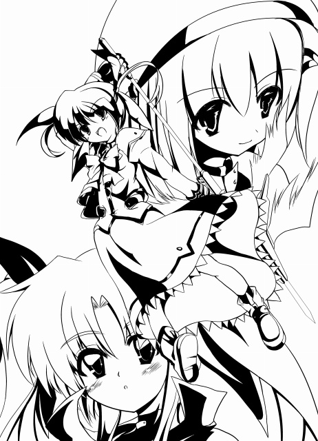 rikuto, fate testarossa, raising heart, takamachi nanoha, takamachi nanoha (sacred mode), yagami hayate, lyrical nanoha, mahou shoujo lyrical nanoha, mahou shoujo lyrical nanoha a's, 00s, 3girls, bow, cape, energy wings, fingerless gloves, gloves, greyscale, hair ornament, hat, jacket, magazine (weapon), magical girl, monochrome, multiple girls, open clothes, open jacket, twintails, wings, x hair ornament