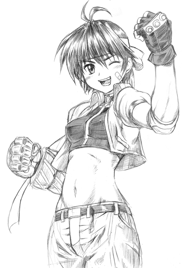 g-tetsu, revolver knuckle, subaru nakajima, lyrical nanoha, mahou shoujo lyrical nanoha, mahou shoujo lyrical nanoha strikers, 00s, 1girl, ;d, antenna hair, arm up, bandaid, bandaid on face, belt, blush, breasts, clenched hands, covered erect nipples, cowboy shot, crop top, cropped jacket, female focus, greyscale, headband, looking at viewer, medium breasts, midriff, monochrome, one eye closed, open mouth, pants, short hair, simple background, sketch, smile, solo, teeth