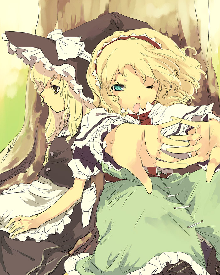 yuu (kfc), alice margatroid, kirisame marisa, touhou, 2girls, ;o, against tree, apron, blonde hair, blue eyes, blue hair, boots, bow, capelet, dress, female focus, forest, hairband, hat, hat bow, lace-up boots, long hair, messy hair, multiple girls, nature, one eye closed, outdoors, sash, short hair, sitting, stretching, tree, witch, witch hat, yawning, yellow eyes