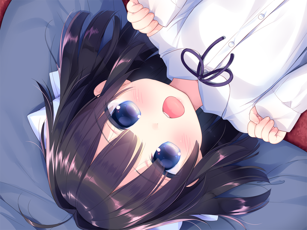 piyodera mucha, otomari koibito lolita, game cg, non-web source, 1girl, blue eyes, blush, brown hair, buttons, collared shirt, hands up, kotae (otomari koibito lolita), long hair, long sleeves, looking at viewer, lying, neck ribbon, on back, open mouth, portrait, purple ribbon, ribbon, shirt, sleeves past wrists, solo, white shirt