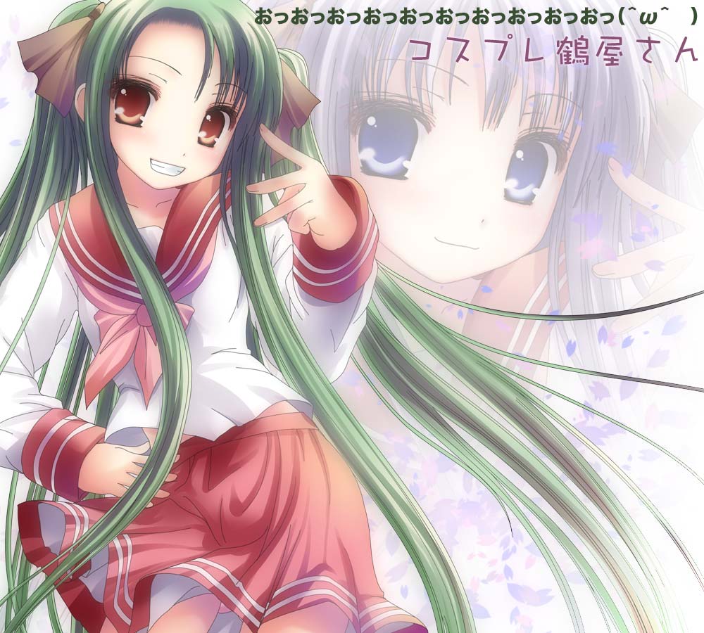 namamo nanase, hiiragi kagami, tsuruya, lucky star, suzumiya haruhi no yuuutsu, cosplay, crossover, hiiragi kagami (cosplay), long hair, school uniform, serafuku, solo, very long hair