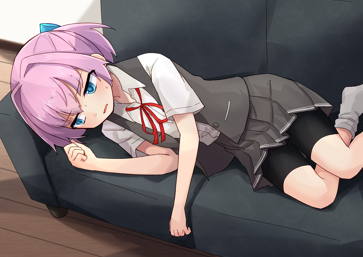 kakizaki (chou neji), shiranui (kancolle), kantai collection, commentary request, 1girl, bike shorts, bike shorts under skirt, black skirt, black vest, blue eyes, collared shirt, couch, dress shirt, feet out of frame, grey socks, lying, on side, open clothes, open vest, pleated skirt, purple hair, school uniform, shirt, short hair, skirt, socks, solo, vest, white shirt