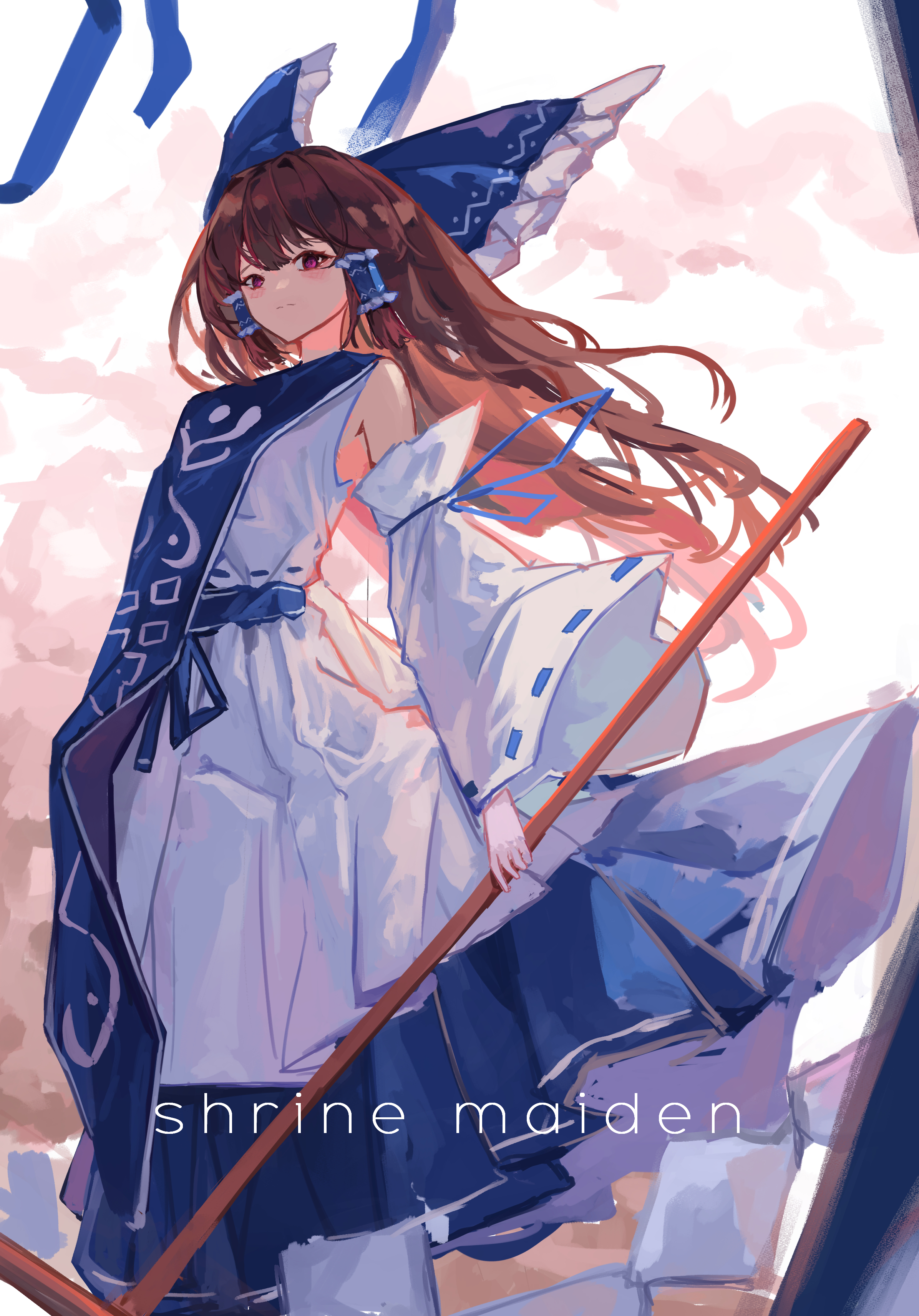 vanilla flan, hakurei reimu, touhou, absurdres, commentary, commission, highres, 1girl, bare shoulders, blue bow, blue tabard, bow, brown hair, detached sleeves, dress, english text, frilled bow, frills, gohei, hair bow, holding, holding gohei, long hair, looking at viewer, ribbon-trimmed sleeves, ribbon trim, sleeveless, sleeveless dress, solo, tabard, white dress