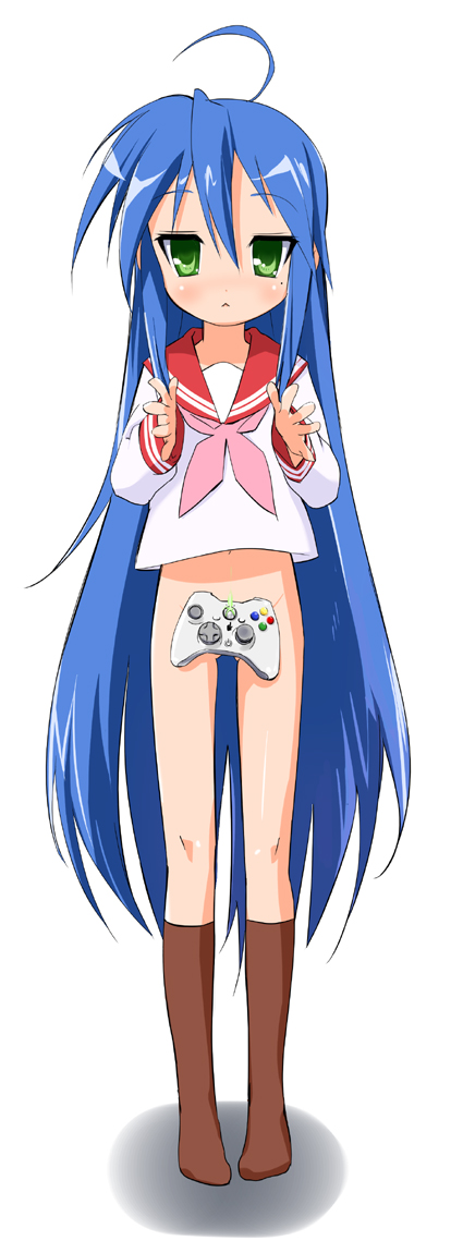 bizen, izumi konata, lucky star, 00s, 1girl, bottomless, female focus, game console, mole, mole under eye, no panties, school uniform, serafuku, socks, solo, xbox 360