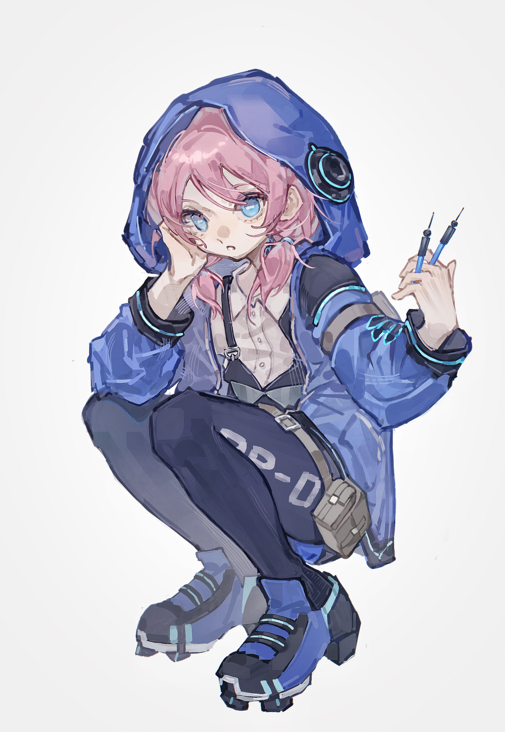 huaique, blue poison (arknights), arknights, absurdres, highres, 1girl, belt, black pantyhose, blue eyes, blue jacket, blue shoes, grey background, grey belt, hands up, holding dart, hood, hooded jacket, jacket, long sleeves, looking at viewer, open clothes, open jacket, pantyhose, parted lips, pink hair, pouch, shirt, shoes, short hair, simple background, solo, squatting, white shirt
