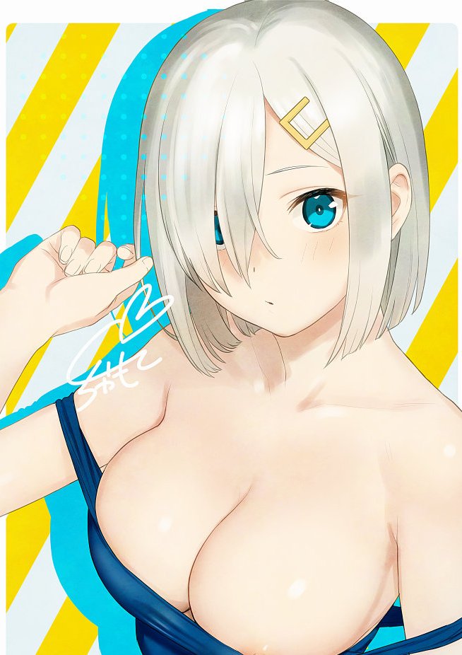 sakiecho, hamakaze (kancolle), kantai collection, commentary request, 1girl, blue eyes, blue one-piece swimsuit, breasts, cleavage, grey hair, hair ornament, hair over one eye, hairclip, large breasts, one-piece swimsuit, short hair, solo, striped background, swimsuit, upper body