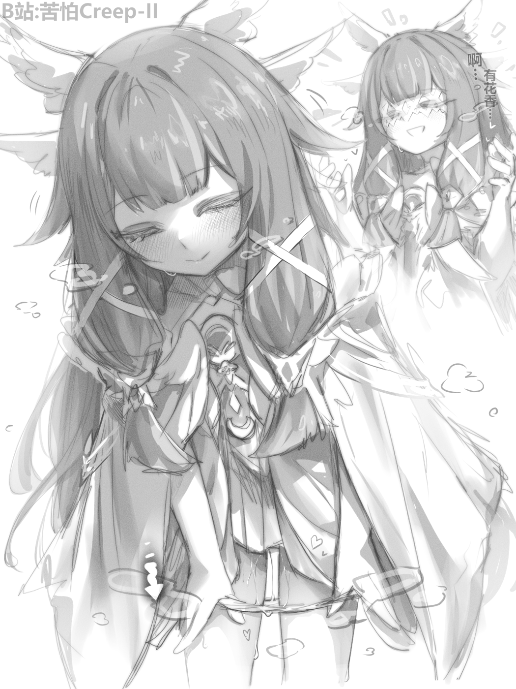 kupa (jesterwii), genshin impact, character request, highres, 1girl, arrow (symbol), bilibili username, blush, closed eyes, closed mouth, greyscale, long hair, monochrome, multiple views, panties, panty pull, pulling own clothes, underwear