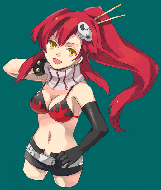 loo, yoko littner, tengen toppa gurren lagann, 00s, bikini, bikini top only, elbow gloves, gloves, short shorts, shorts, solo, swimsuit