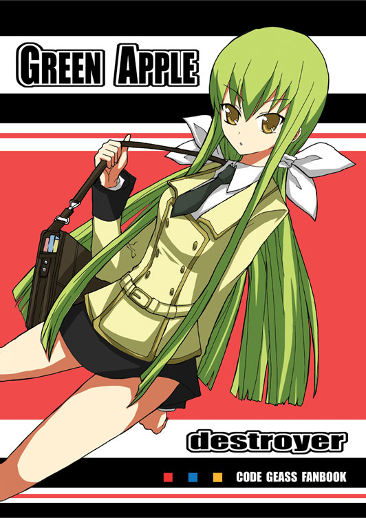 maro nie, c.c., code geass, 00s, 1girl, bag, black skirt, bow, buttons, dutch angle, english text, female focus, green hair, green necktie, hair bow, handbag, long hair, long sleeves, looking at viewer, miniskirt, necktie, skirt, solo, text focus, very long hair, white bow, yellow eyes