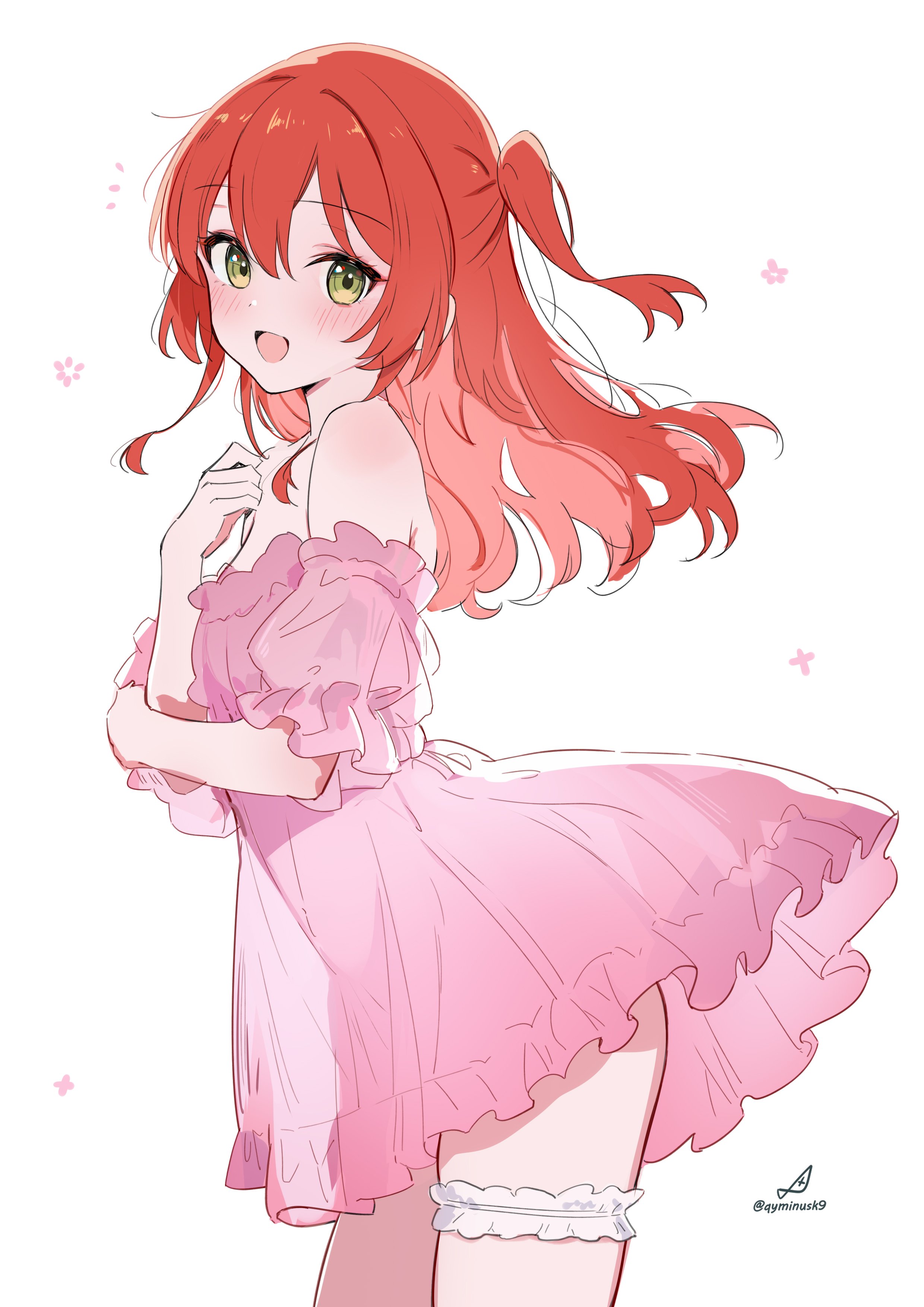 minusk9, kita ikuyo, bocchi the rock!, absurdres, commentary, highres, 1girl, artist logo, blush, dress, frilled dress, frilled thigh strap, frills, green eyes, hair between eyes, logo, long hair, looking at viewer, off-shoulder dress, off shoulder, one side up, open mouth, pink dress, red hair, see-through silhouette, simple background, smile, solo, thigh strap, thighs, twitter username, white background