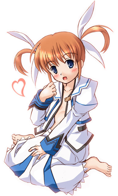 takamachi nanoha, lyrical nanoha, mahou shoujo lyrical nanoha, 00s, 1girl, :o, barefoot, blush, collarbone, dress, female focus, flat chest, hair ribbon, heart, juliet sleeves, long sleeves, looking at viewer, open clothes, open dress, open mouth, puffy long sleeves, puffy sleeves, ribbon, sitting, solo, undressing, wariza, white dress, white ribbon