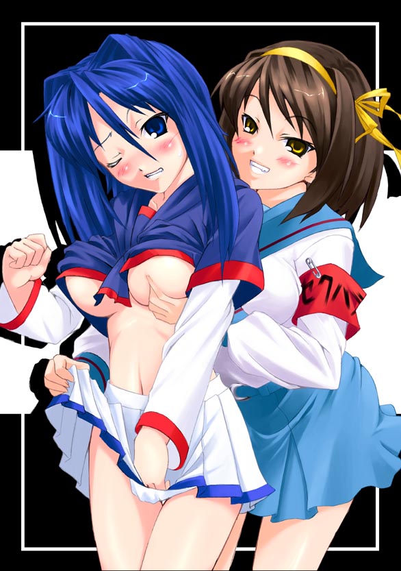 kuon (break through), kyuuen, suzumiya haruhi, suzumiya haruhi no yuuutsu, 00s, 2girls, armband, blue eyes, blue hair, blush, breasts, brown hair, grabbing another's breast, grin, groping, hairband, large breasts, long hair, long sleeves, multiple girls, school uniform, serafuku, short hair, smile, underboob, yuri