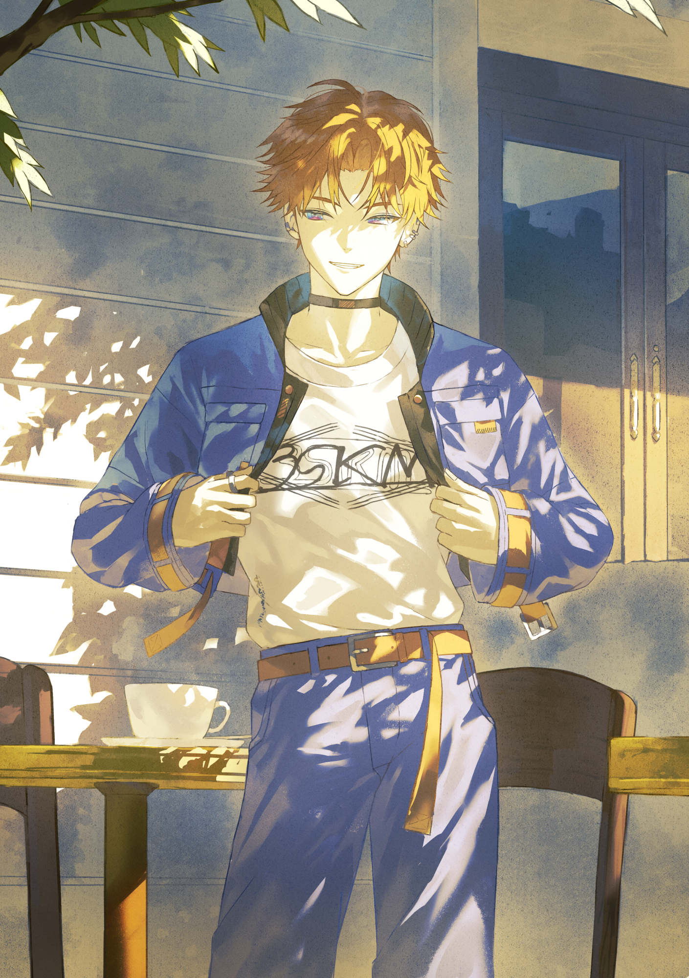 fagi (kakikaki), kitami yusei, nijisanji, commentary, highres, 1boy, cup, multiple piercings, orange hair, plate, short hair, smile, solo, teacup, virtual youtuber