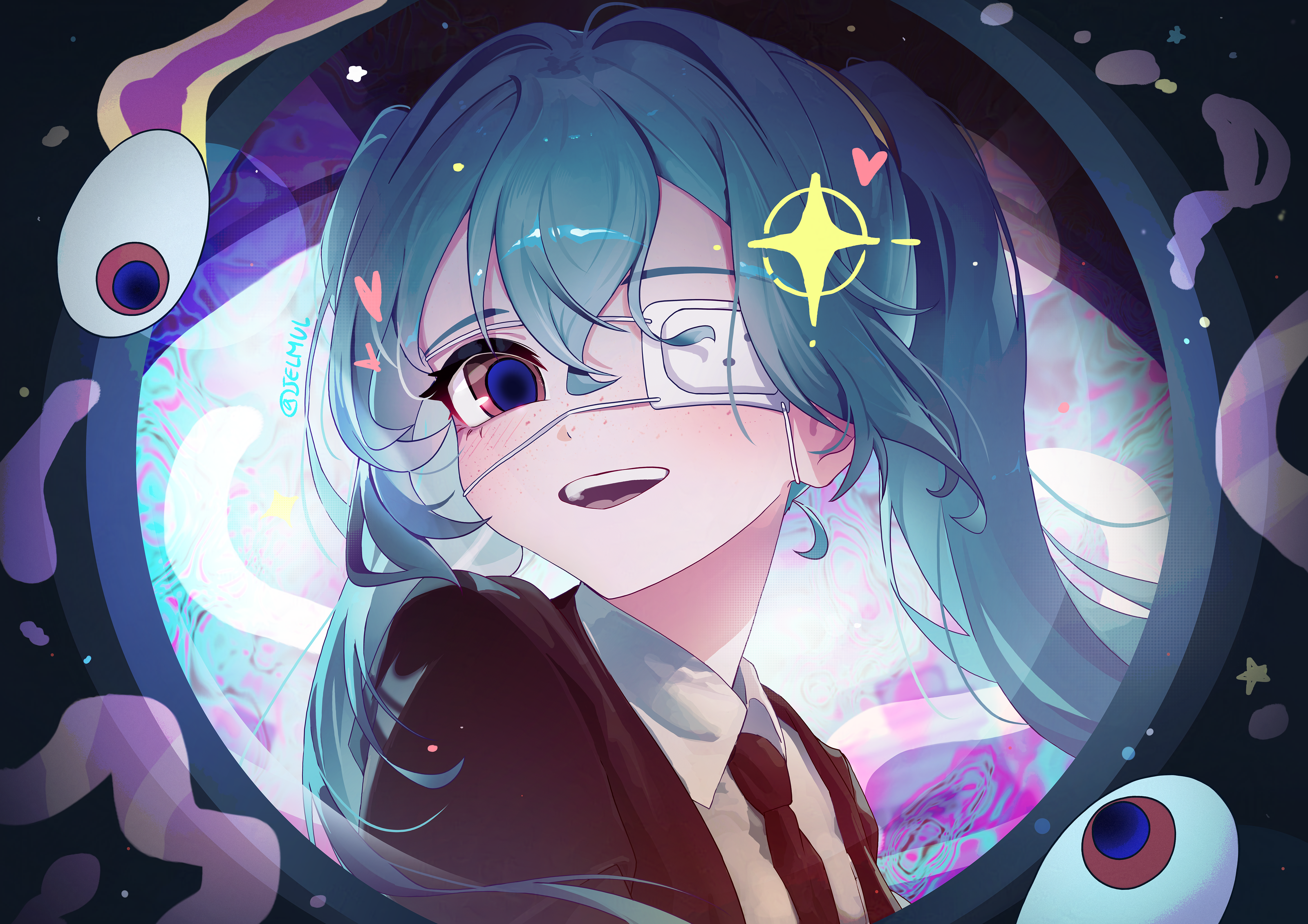 jelmul, hatsune miku, monitoring (vocaloid), vocaloid, absurdres, highres, 1girl, black necktie, blazer, blue eyes, blue hair, blush, collared shirt, eyepatch, jacket, long hair, looking at viewer, necktie, one eye covered, open mouth, peephole, pov, pov peephole, shirt, solo, standing, twintails, upper body, very long hair, white shirt