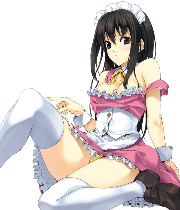 luna (reclaimed land), original, 1girl, bare shoulders, black eyes, black hair, breasts, female focus, large breasts, maid, panties, pantyshot, solo, thighhighs, underwear, zettai ryouiki