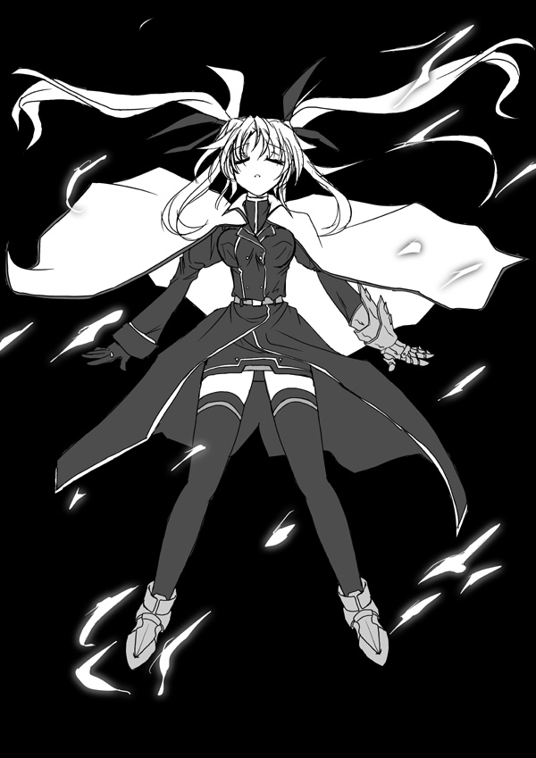 frapowa, fate testarossa, fate testarossa (impulse form), lyrical nanoha, mahou shoujo lyrical nanoha, mahou shoujo lyrical nanoha strikers, 00s, greyscale, monochrome, solo, thighhighs, zettai ryouiki