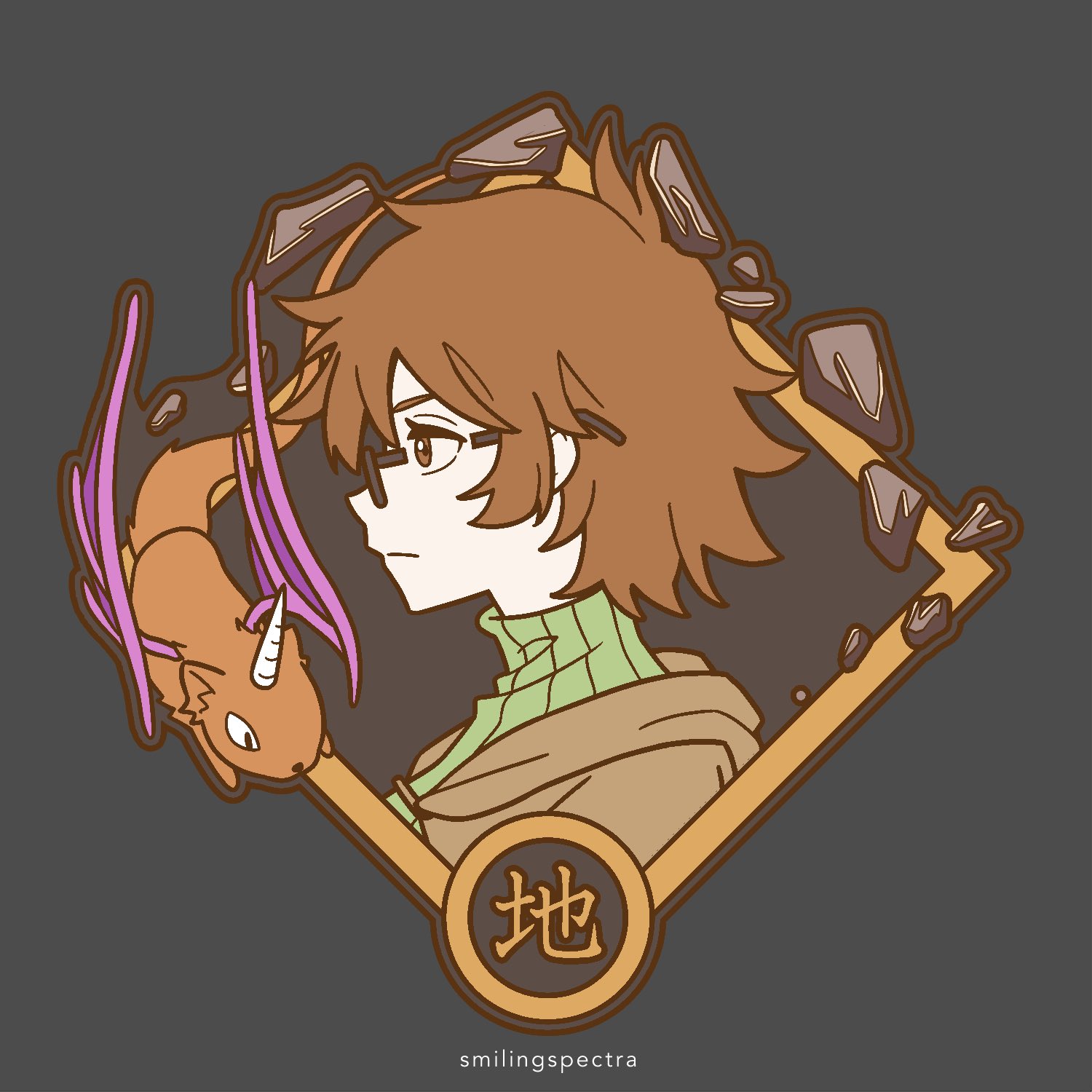 smilingspectra, aussa (yu-gi-oh!), aussa the earth charmer immovable, yu-gi-oh!, highres, brown eyes, brown hair, duel, duel monster, from side, glass, horns, portrait, rock, short hair, single horn, sweater, turtleneck, turtleneck sweater