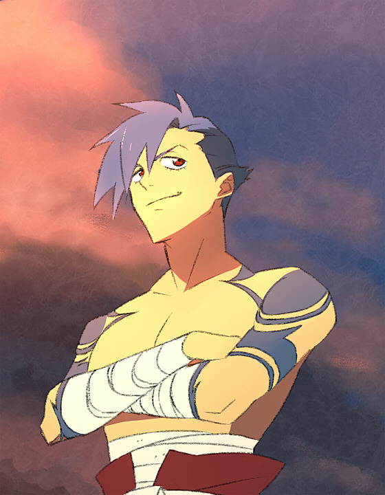 kamina (ttgl), tengen toppa gurren lagann, anime screenshot, 00s, 1boy, bandages, blue hair, bodypaint, crossed arms, male focus, red eyes, solo, tattoo, topless male