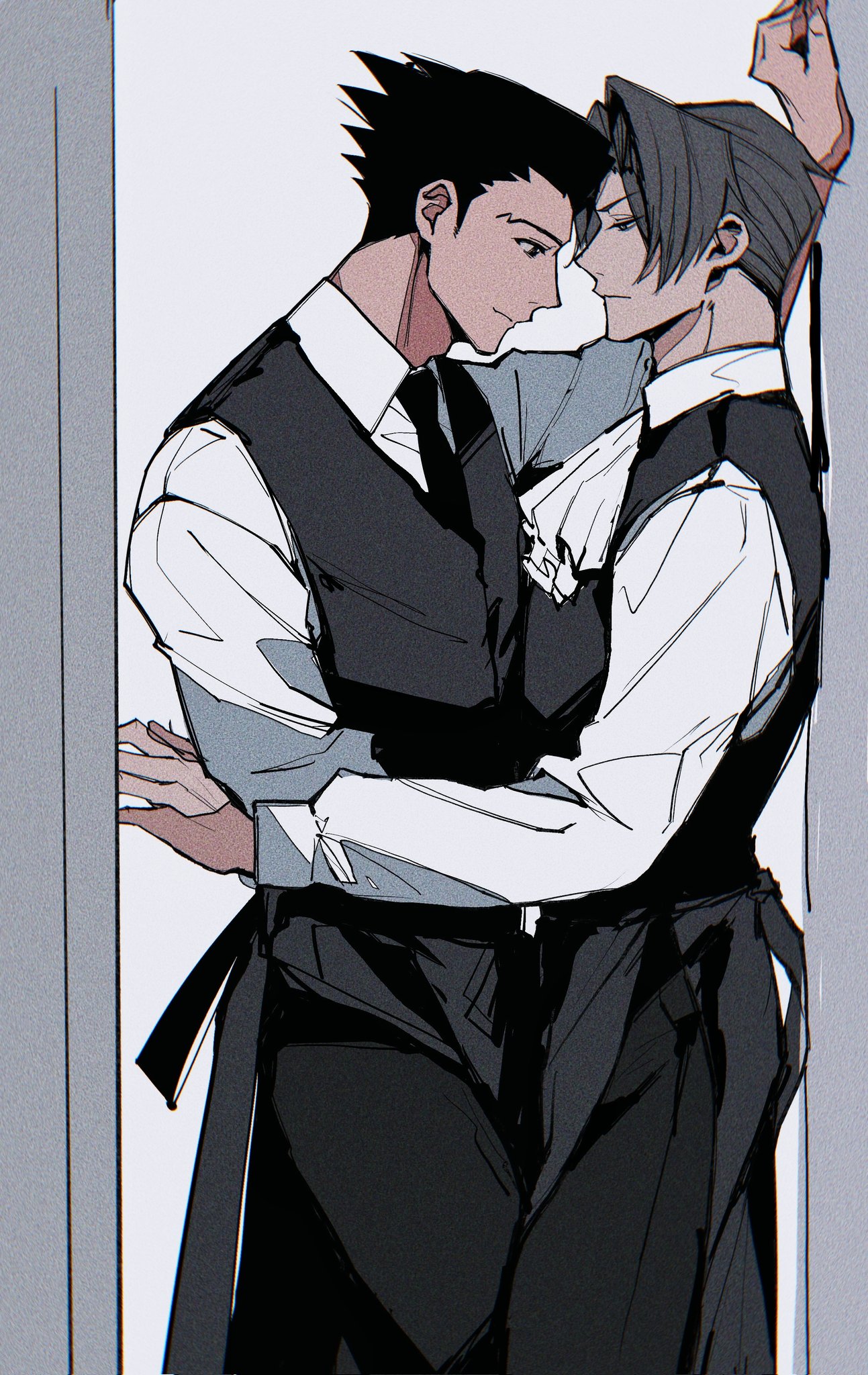 c138300, miles edgeworth, phoenix wright, ace attorney, highres, 2boys, apron, arm up, ascot, black apron, black hair, black necktie, black pants, black vest, closed mouth, collared shirt, curtained hair, film grain, frown, grey hair, long sleeves, looking at another, looking down, male focus, multiple boys, necktie, pants, profile, shirt, sideburns, smile, standing, vest, white ascot, white shirt, wing collar, yaoi