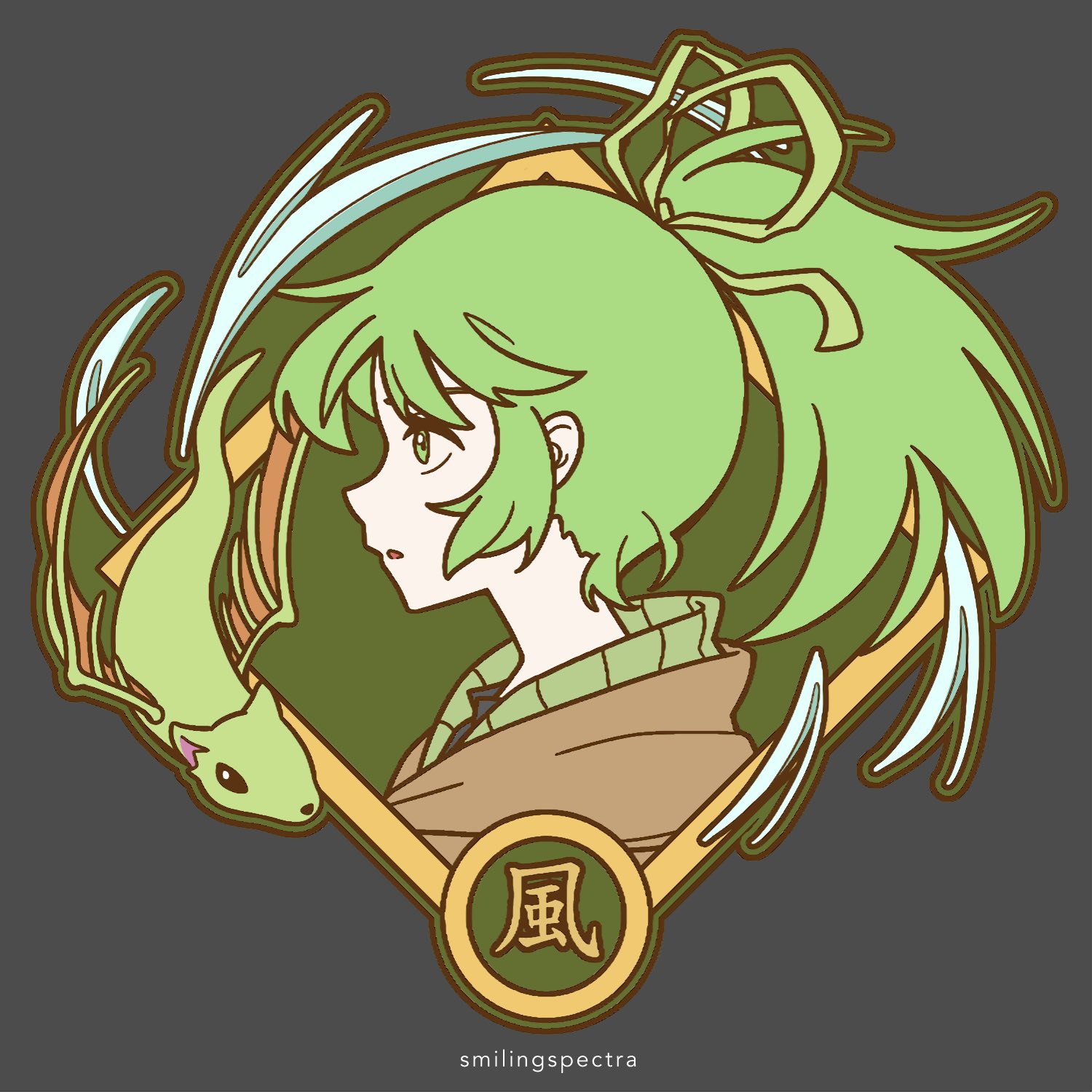 smilingspectra, wynn (yu-gi-oh!), wynn the wind charmer verdant, yu-gi-oh!, highres, 1girl, duel monster, from behind, from side, green eyes, green hair, open mouth, ponytail, portrait, ribbon, sidelocks