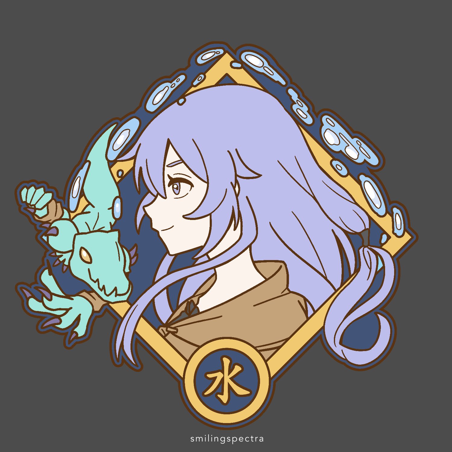 smilingspectra, eria (yu-gi-oh!), eria the water charmer gentle, yu-gi-oh!, highres, duel monster, from side, long hair, monster, portrait, purple eyes, purple hair, sidelocks, simple background, twitter username