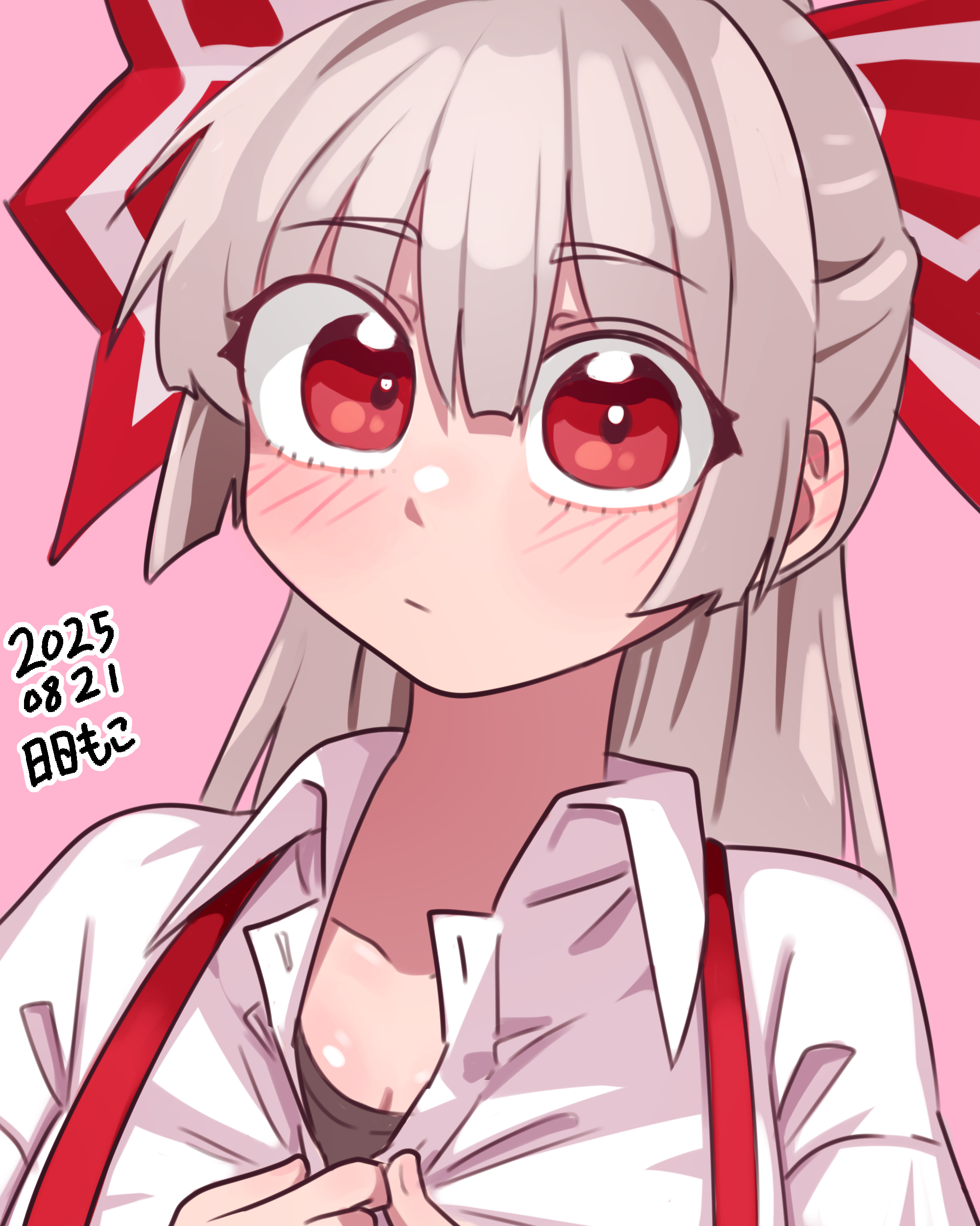 neophyte, fujiwara no mokou, touhou, absurdres, highres, 1girl, :/, blush, bow, breasts, cleavage, closed mouth, dated commentary, ear blush, eyes visible through hair, fingernails, grey hair, hair between eyes, hair bow, hands up, long hair, looking at viewer, partially unbuttoned, pink background, ponytail, red bow, red eyes, shirt, simple background, solo, suspenders, unbuttoning, white bow, white shirt, wide-eyed, wing collar