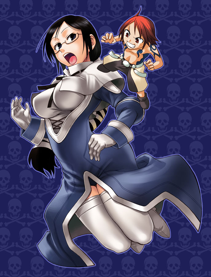 chiba toshirou, mio (blue dragon), ral (blue dragon), blue dragon, blue dragon ralωgrado, blue dragon ral omega grad, white legwear, 00s, 2girls, glasses, gloves, multiple girls, thighhighs, white gloves