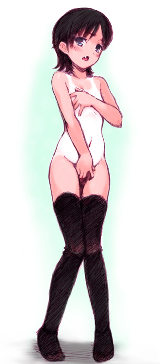 takayoshi, original, breast hold, 1girl, black hair, black thighhighs, blush, breasts, covering breasts, covering crotch, covering privates, female focus, flat chest, knees together feet apart, legs, looking at viewer, nude, one-piece tan, open mouth, pigeon-toed, short hair, simple background, solo, tan, tanline, thighhighs, white background