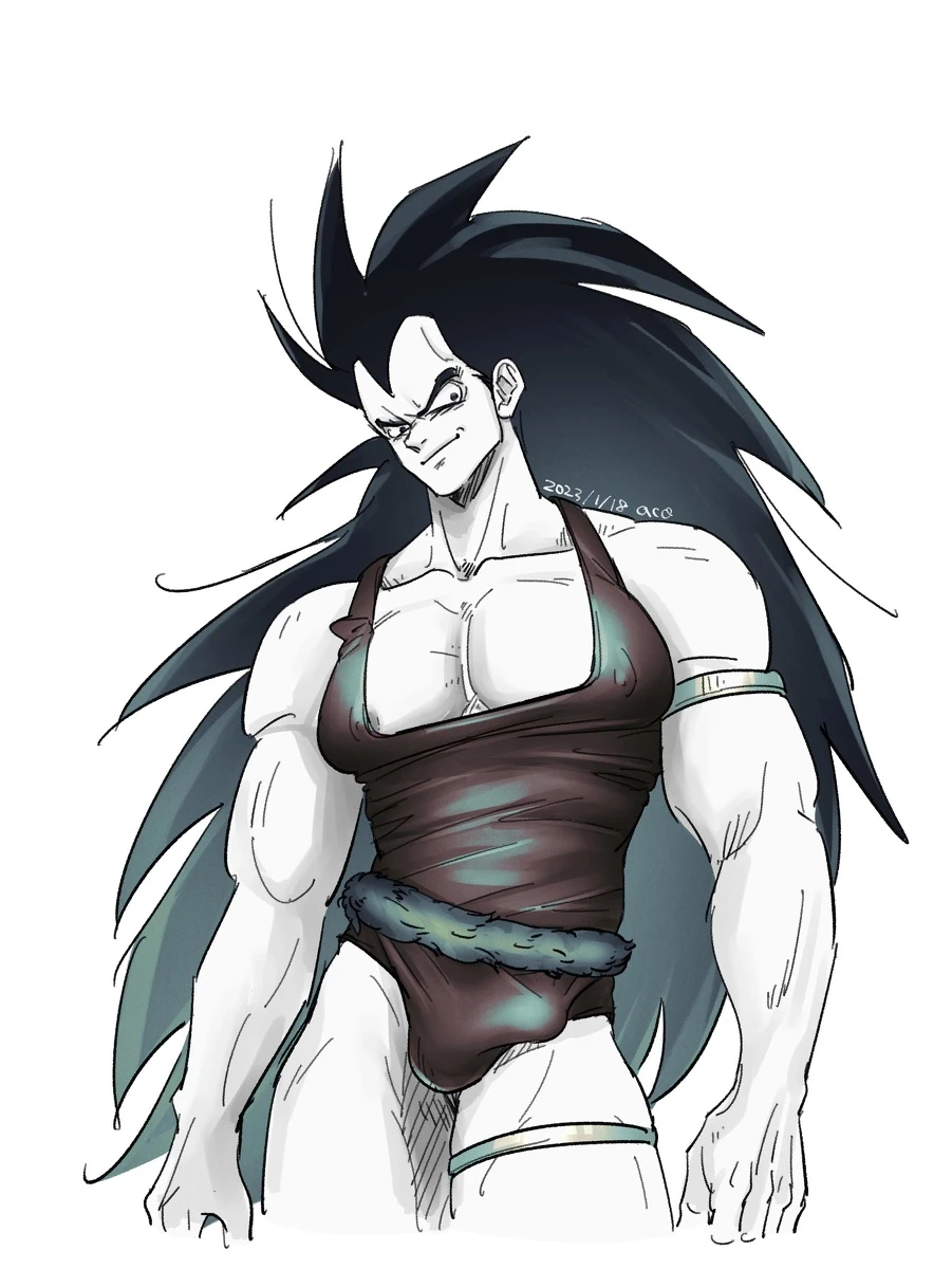 aco rz, raditz, dragon ball, dragonball z, textless version, 1boy, areola slip, arm strap, armband, armlet, arms at sides, artist name, bara, bare arms, bare shoulders, big hair, black eyes, black hair, black shirt, bulge, closed mouth, collarbone, contrapposto, covered erect nipples, cowboy shot, cropped legs, dated, evil smile, feet out of frame, greyscale, grin, head tilt, jewelry, large pectorals, limited palette, long hair, looking at viewer, looking down, looking to the side, male focus, male underwear, mature male, monkey boy, monkey tail, monochrome, muscular, muscular male, muted color, nipple slip, nipples, no pants, pectoral cleavage, pectorals, saiyan, saiyan tail, shirt, signature, simple background, sketch, sleeveless, smile, smirk, smug, solo, spiked hair, spot color, standing, tail, tail around waist, tank top, thick eyebrows, thick thighs, thigh strap, thighlet, thighs, toned, toned male, twitter username, underwear, upper body, v-shaped eyebrows, very long hair, white background