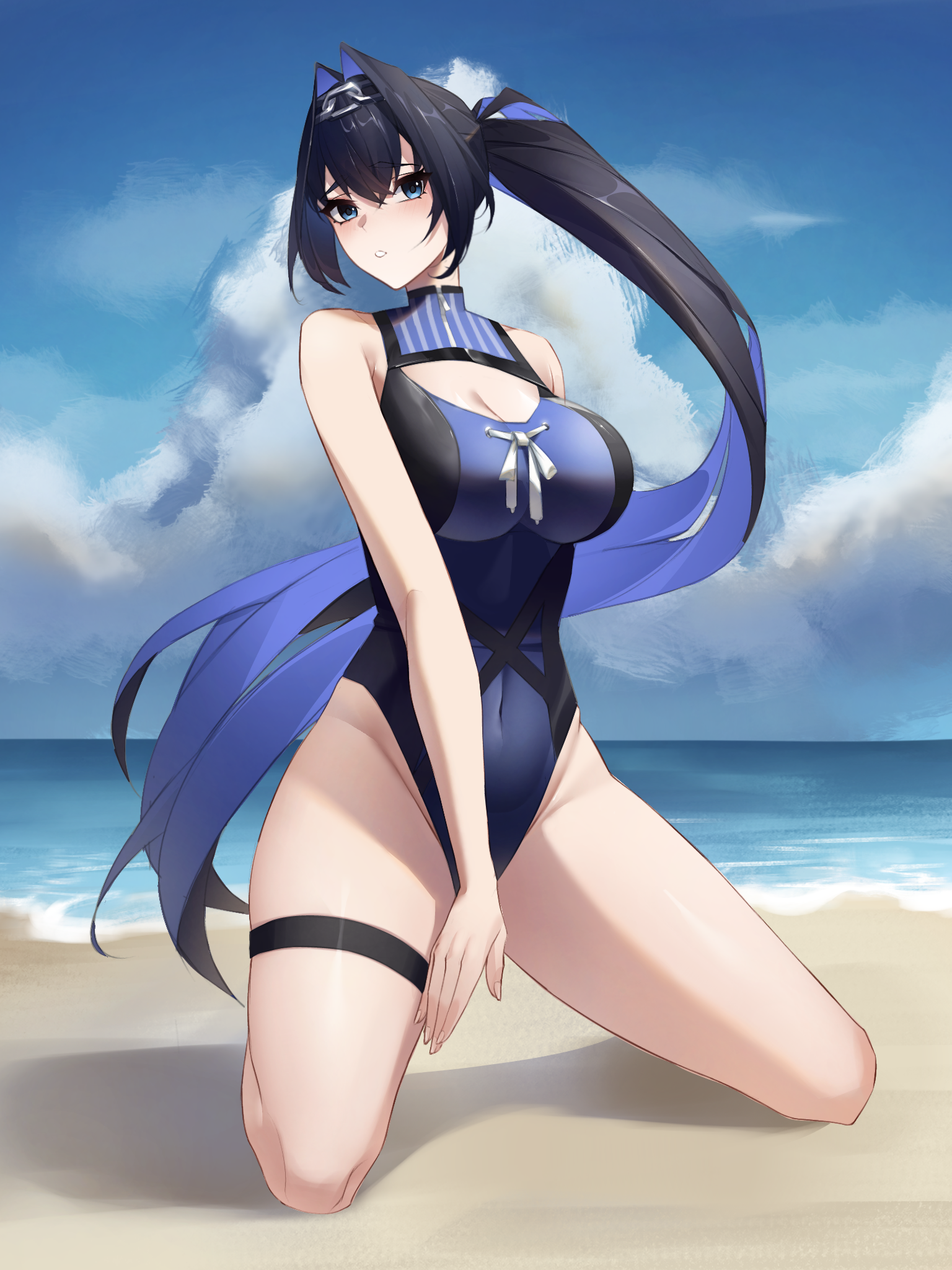 cykozu, ouro kronii, ouro kronii (holonatsu paradise), hololive, hololive english, commentary, highres, 1girl, beach, black hair, blue eyes, blue hair, blue one-piece swimsuit, blue sky, breasts, chain, chain headband, cleavage, cleavage cutout, clothing cutout, cloud, colored inner hair, covered navel, day, full body, hair intakes, highleg, highleg one-piece swimsuit, kneeling, large breasts, long hair, looking at viewer, multicolored hair, ocean, official alternate costume, official alternate hairstyle, one-piece swimsuit, outdoors, ponytail, sky, solo, swimsuit, thigh strap, very long hair, virtual youtuber
