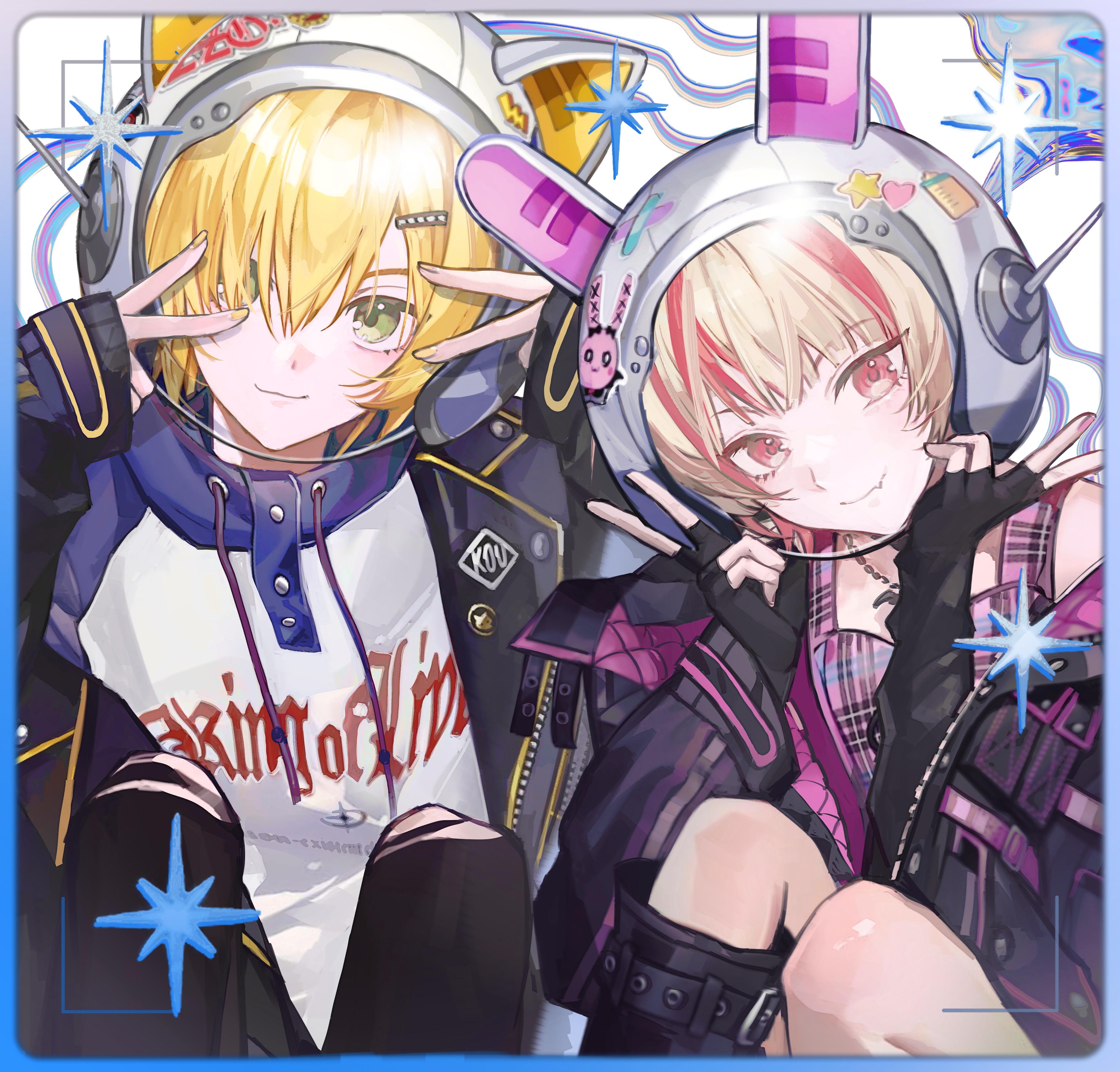 tsuta1218, makaino ririmu, uzuki kou, nijisanji, absurdres, commentary request, highres, 1boy, 1girl, animal ear headwear, animal ears, black gloves, blonde hair, border, brown hair, closed mouth, double v, drawstring, fake animal ears, fingerless gloves, gloves, gradient border, green eyes, helmet, light smile, long sleeves, looking at viewer, multicolored hair, nail polish, pink eyes, pink hair, pink nails, short hair, space helmet, streaked hair, v, v over eye, virtual youtuber, yellow nails