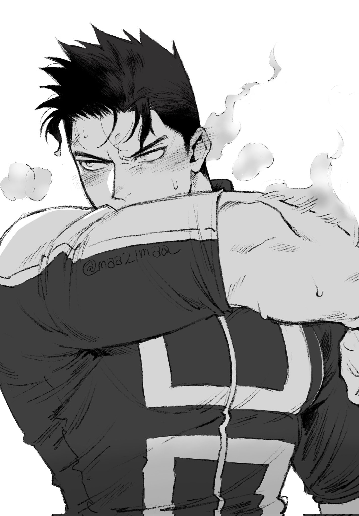ma (maa21maa), endeavor (boku no hero academia), boku no hero academia, commentary request, highres, 1boy, aged down, blush, covered mouth, covering own mouth, greyscale, looking to the side, male focus, monochrome, short sideburns, sideways glance, simple background, solo, superhero costume, sweat, twitter username, upper body, white background, wiping face