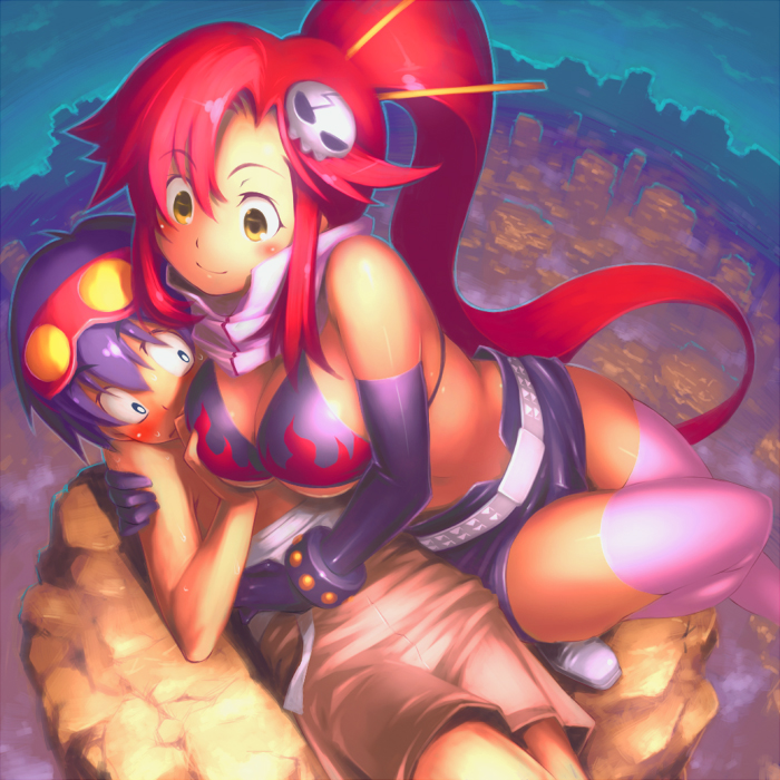 seki suzume, simon (ttgl), yoko littner, tengen toppa gurren lagann, 00s, 1boy, 1girl, bandages, belt, bikini, bikini top only, blue hair, blush, breasts, cleavage, gloves, goggles, goggles on head, grabbing another's breast, groping, hair ornament, hetero, large breasts, long hair, midriff, pink thighhighs, ponytail, red hair, scarf, shorts, shota, swimsuit, thighhighs, topless female, topless male